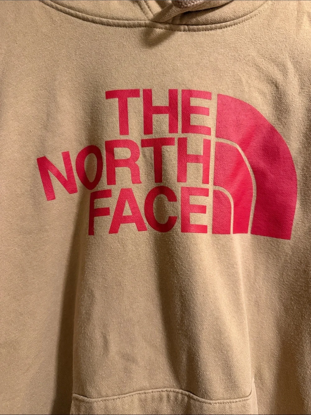 The North Face Men's Tan Hoodie with Red Logo Graphic